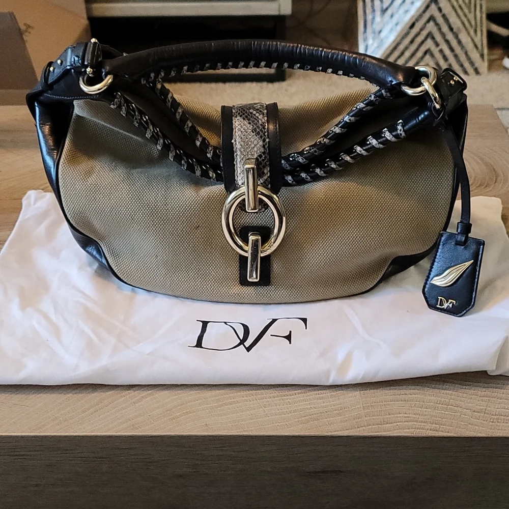 Diane Von Furstenberg Khaki Canvas and Black Leather Hobo with Silver Hardware